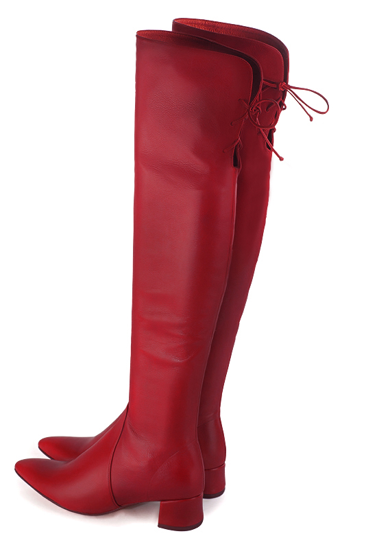 Cardinal red women's leather thigh-high boots. Tapered toe. Low flare heels. Made to measure. Rear view - Florence KOOIJMAN